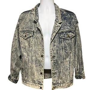 VTG URBAN EQUIPMENT Denim Bomber Jacket Size Lg Acid Wash 80s Blue Jean Retro
